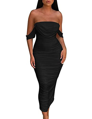HOCILLE Women's Sexy Ruched Bodycon Strapless Off Shoulder Midi Club Party Tube Dresses, Small, Black | Amazon (US)
