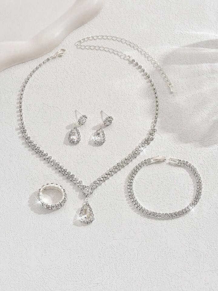 3pcs/Set Silver-Color Metallic Rhinestone-Studded Necklace, Earrings And Bracelet Set, Bridal Jew... | SHEIN