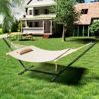12 ft. Quilted 2-Person Hammock Bed with Stand and Detachable Pillow, Beige | The Home Depot