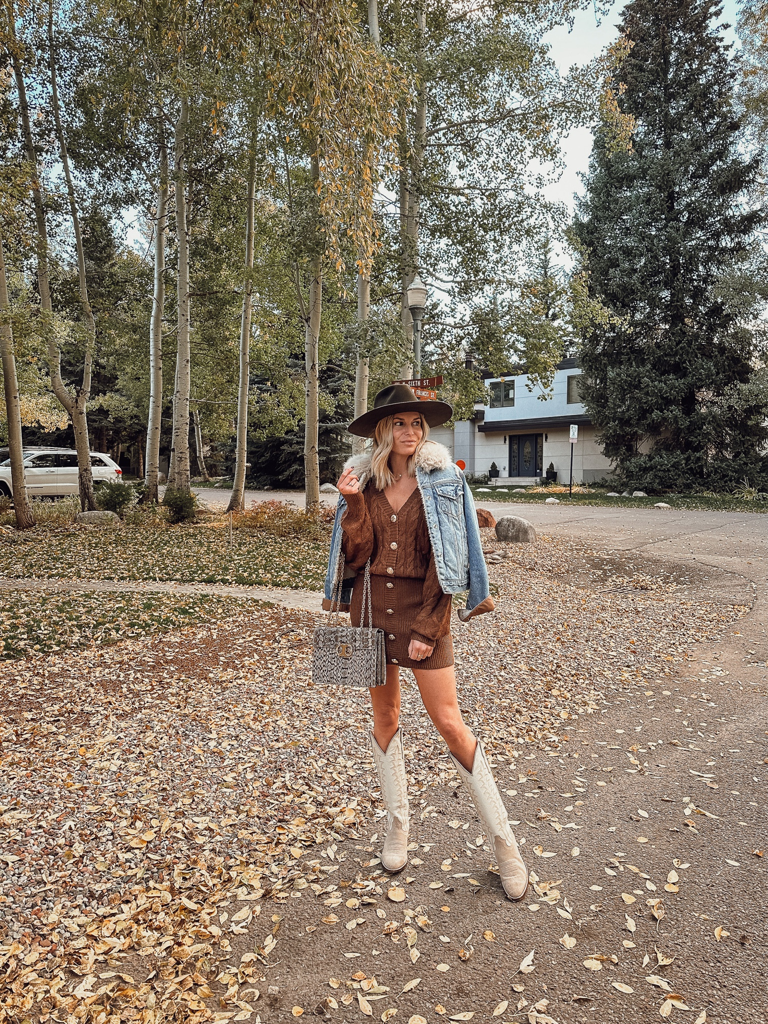 Sweater dress on major sale + a very similar style✨

City boots white cowboy boots, similar Sherpa denim jacket and similar hat. 

#LTKSeasonal #LTKtravel #LTKsalealert