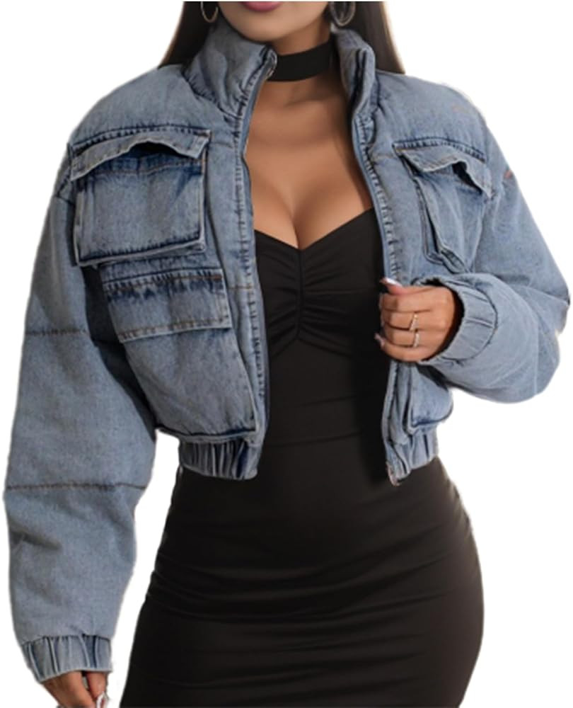 KANSOON Puffer Jacket Womens Denim Long Sleeve Stand Collar Zip Up Puffy Winter Coat Multiple Poc... | Amazon (US)
