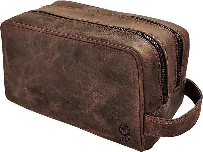 RUSTIC TOWN Genuine Leather Travel Toiletry Bag - Dopp Kit Organizer (Dark Brown) | Amazon (US)