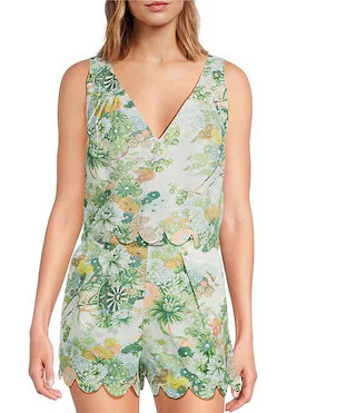 Coordinating Woven V-Neck Linen Blend Floral Print Scalloped Top | Dillard's