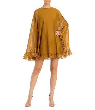 Mac Duggal Crew Neck Ruffle Hem Long Cape Sleeve Waistless Mini Dress | Dillard's | Dillard's