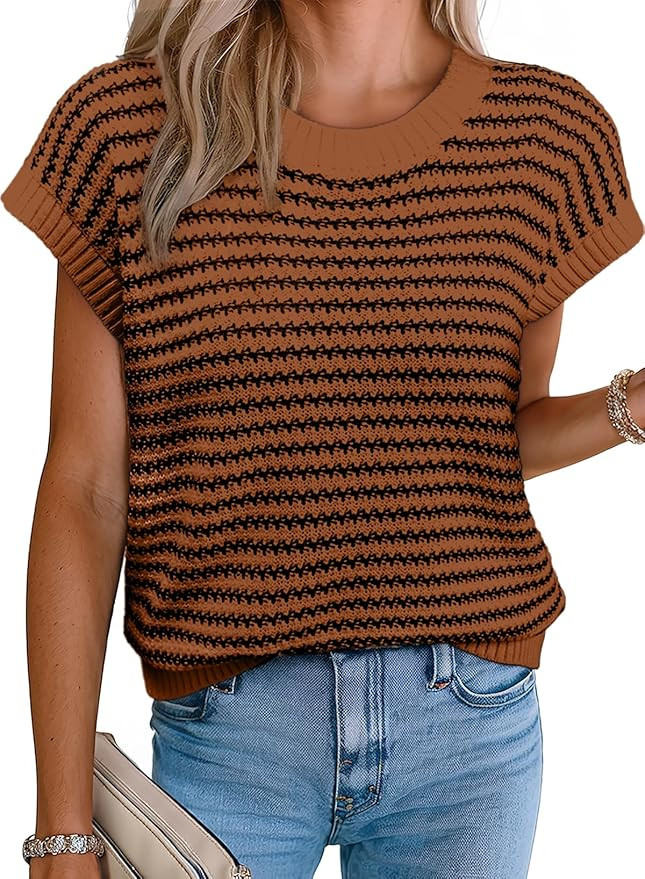 EVALESS Women's Sweater Vest Striped Pullover Tank Top Round Neck Cap Sleeve Lightweight 2025 Sum... | Amazon (US)