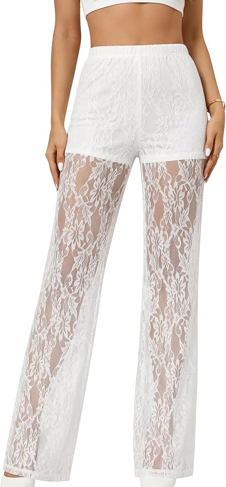 Lace Pants for Women Sexy See Through Sheer Floral Pants High Waisted Straight Leg Long Pants Str... | Amazon (US)