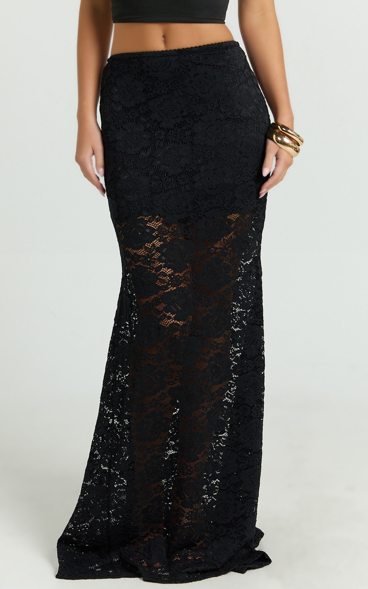 Kamille Maxi Skirt - Lace Mermaid Hem Skirt in Black | Showpo (ANZ)