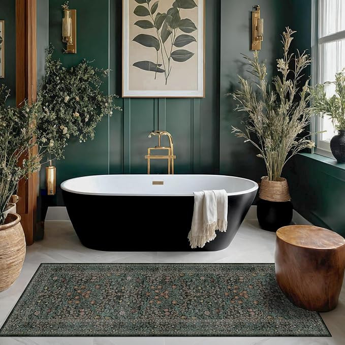 Dark Green 2x5 Runner Rug Non Slip Washable for Bathroom, Kitchen, Floral Boho Low Pile Entryway ... | Amazon (US)