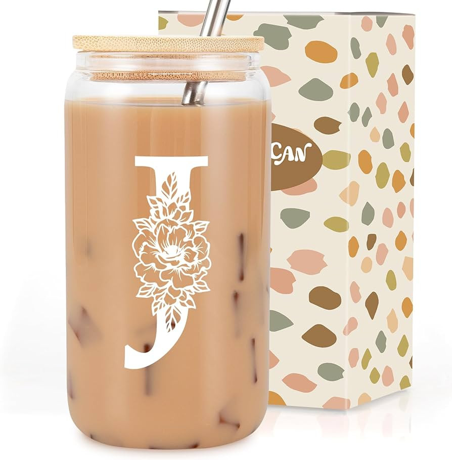 Coolife Initial Glass Cup, Monogrammed Gifts for Women, 16 oz Glass Cups w/Lids Straws, Iced Coff... | Amazon (US)