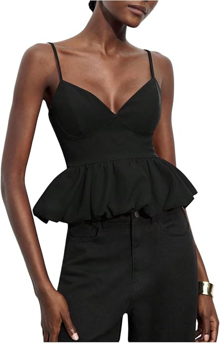 SHENHE Women's Bubble Top Cami V Neck Smocked Bustier Cinched Waist Tank | Amazon (US)