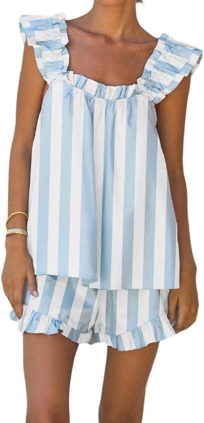 Aopwsrlyi Women's Summer Pajama Set Cute Ruffle Trim Cami Tank Top and Casual Shorts Set 2 Piece ... | Amazon (US)