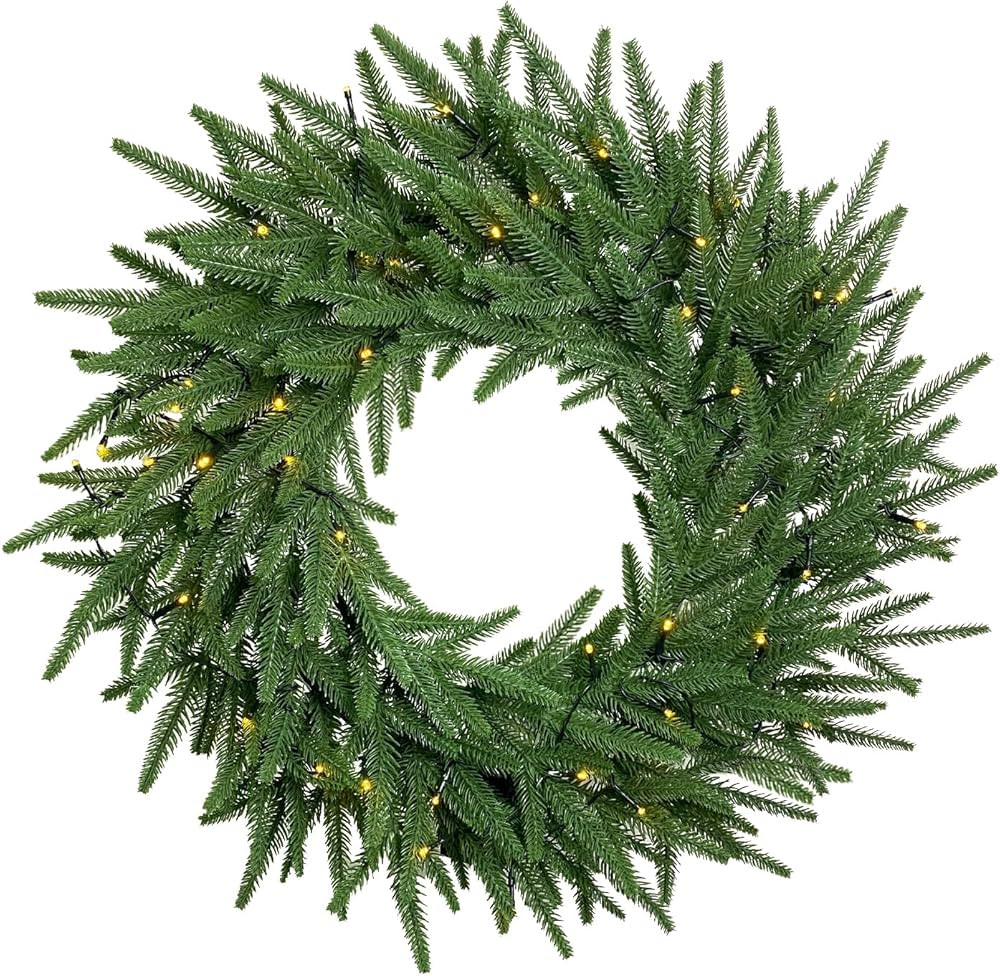 Amazon.com: UOROMI 24 inches Green Wreath with Warm White LED Lights for Front Door, Norfolk Pine... | Amazon (US)