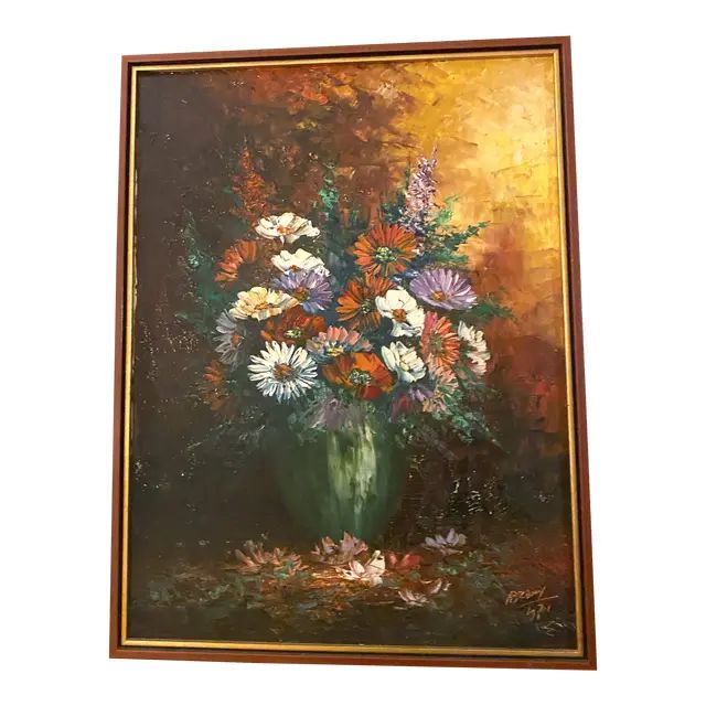 1980’s Large Vintage Floral Still Life Art Oil on Canvas | Chairish