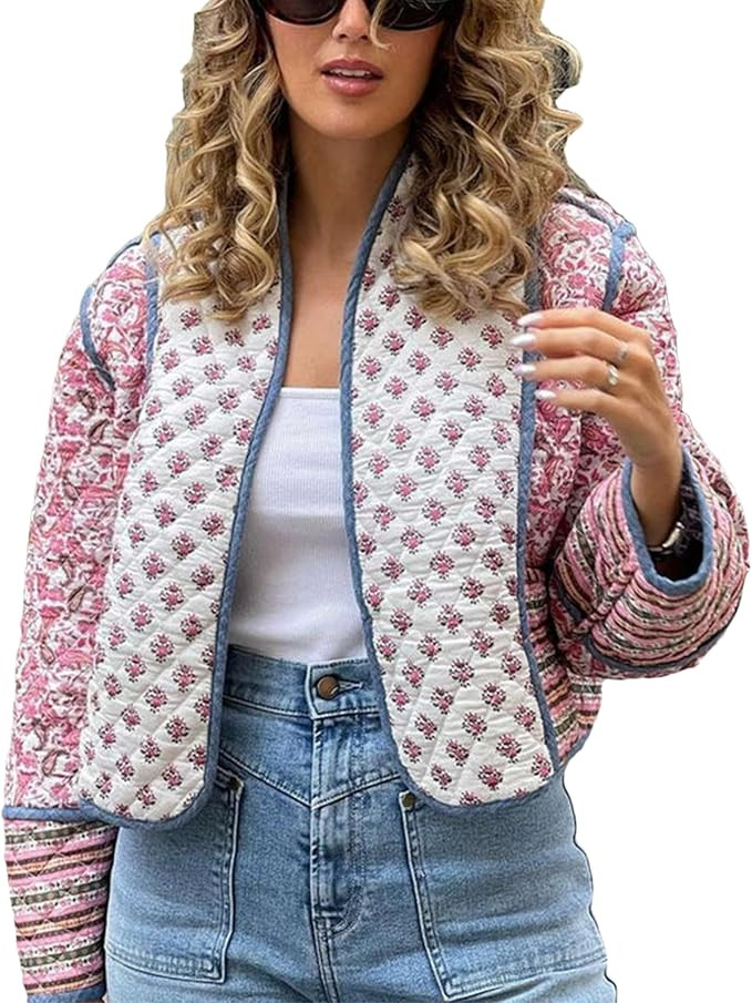 VAOYIU Women's Cropped Puffer Jacket Vintage Cardigan Floral Printed Lightweight Open Front Padde... | Amazon (US)