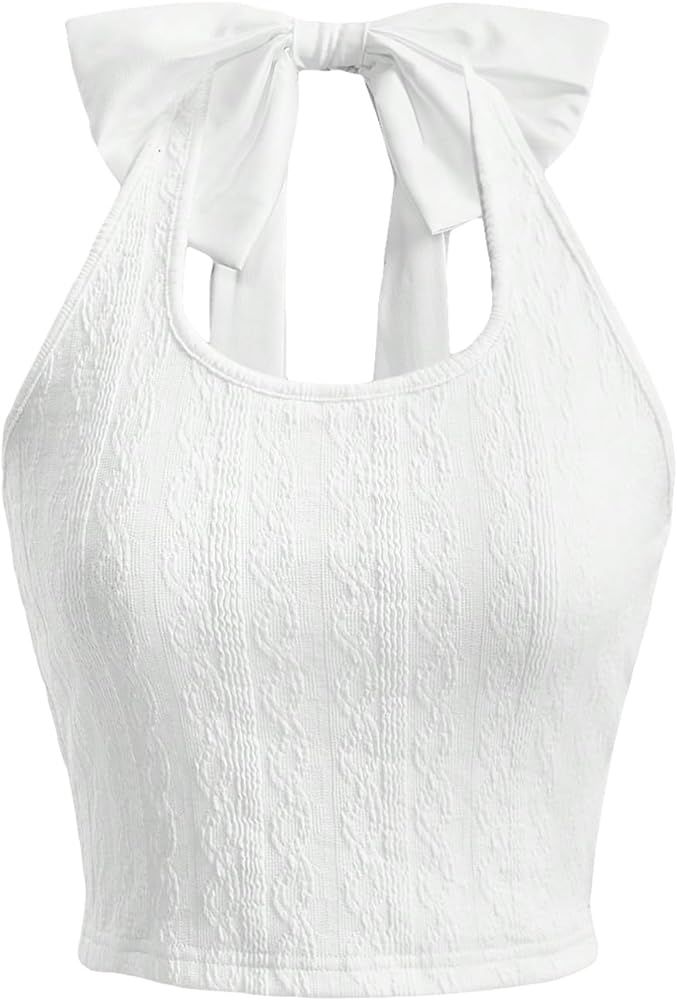 OYOANGLE Women's Textured Sleeveless Bow Back Crop Halter Tops Summer Sleeveless Vest Tee Shirts | Amazon (US)