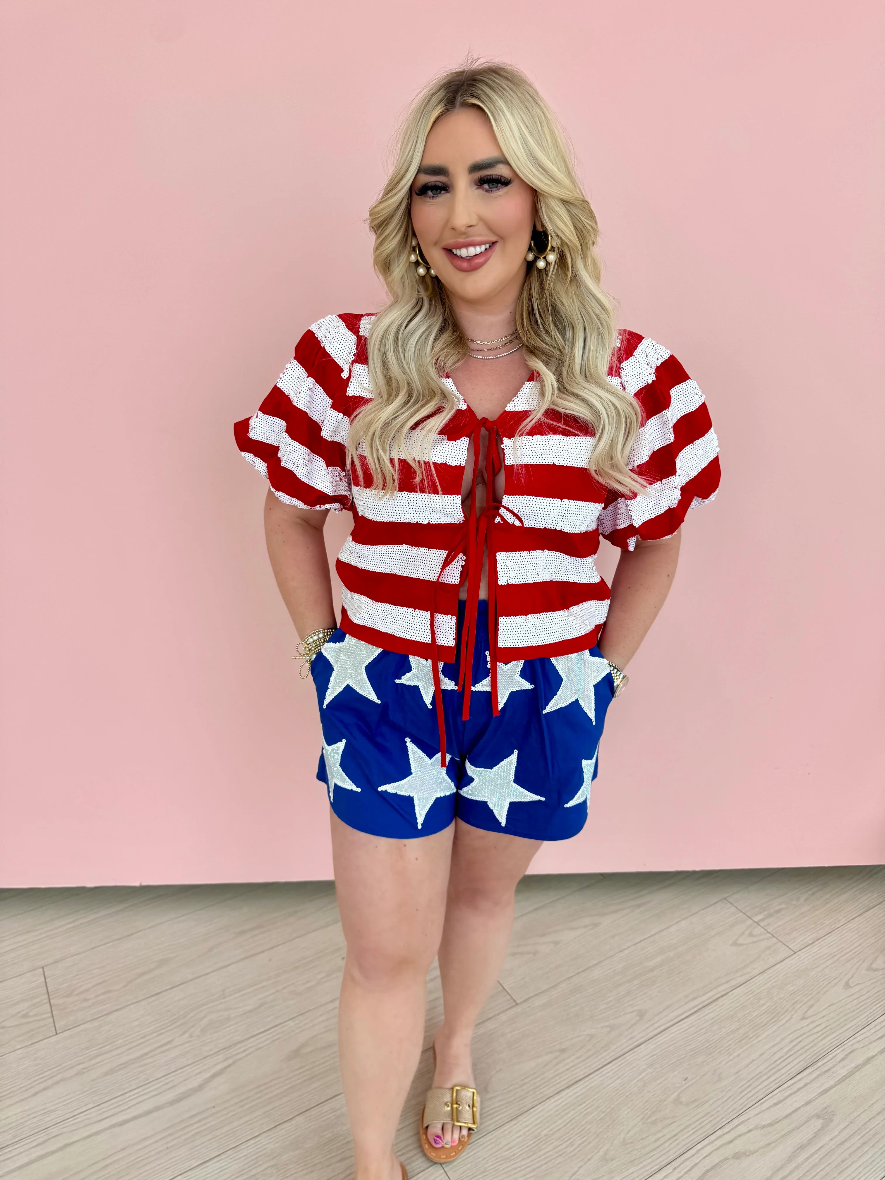 Red & White Stripe Cotton Poof Sleeve Tie Top-Queen Of Sparkles Large | Extremely Refined Boutique