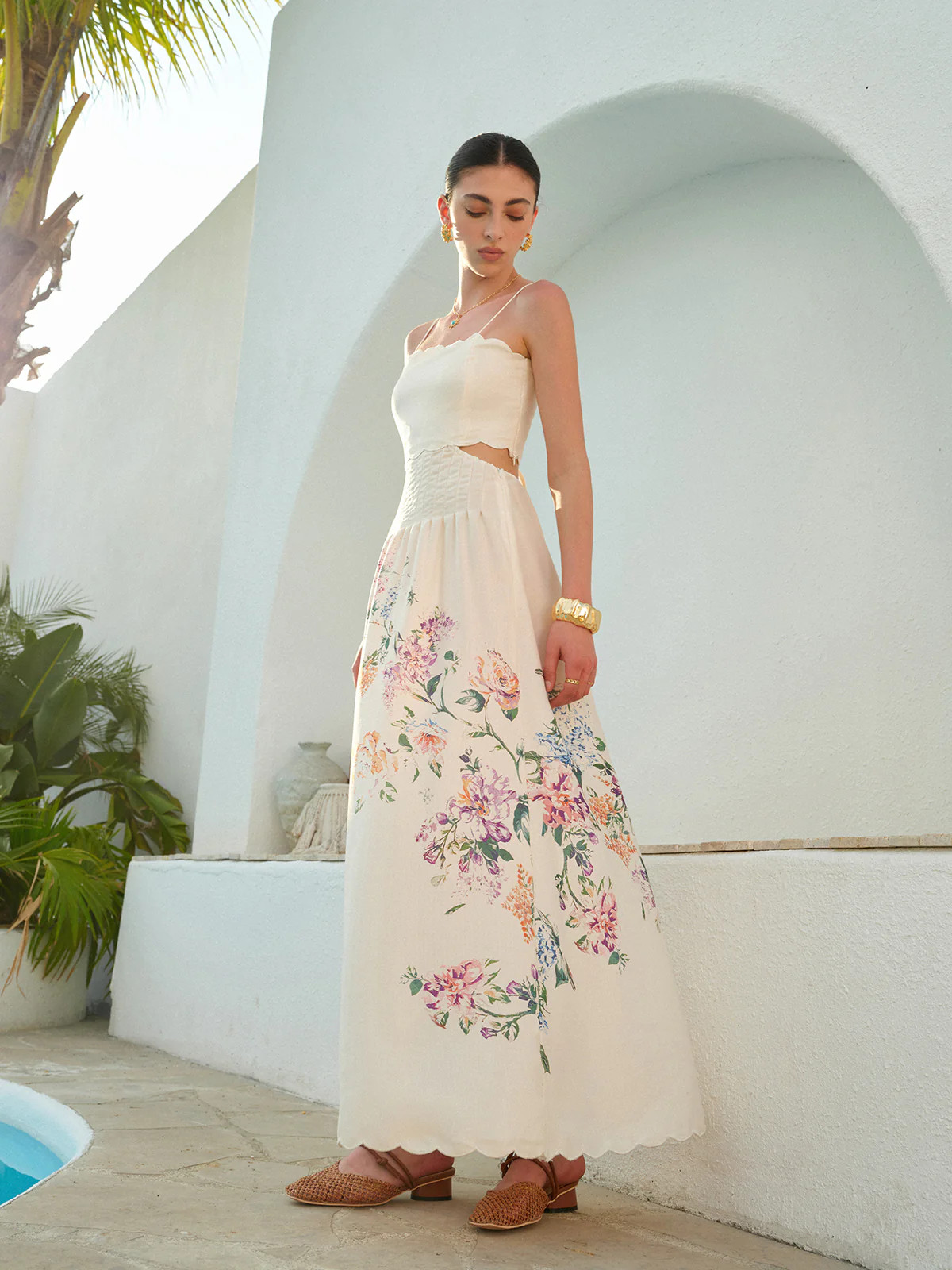 Floral Print Lace-Up Back Sleeveless Dress | Commense