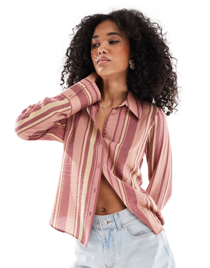 ASOS DESIGN cinched long sleeve shirt in pink stripes | ASOS (Global)