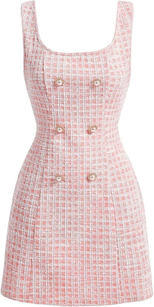 Floerns Women's Plaid Tweed Dress Sleeveless Square Neck Elegant Work Mini Dress | Amazon (US)