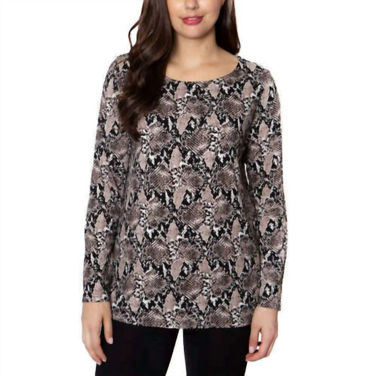 Women's Crewneck Animal Print Top In Tan Snakeskin | Shop Simon