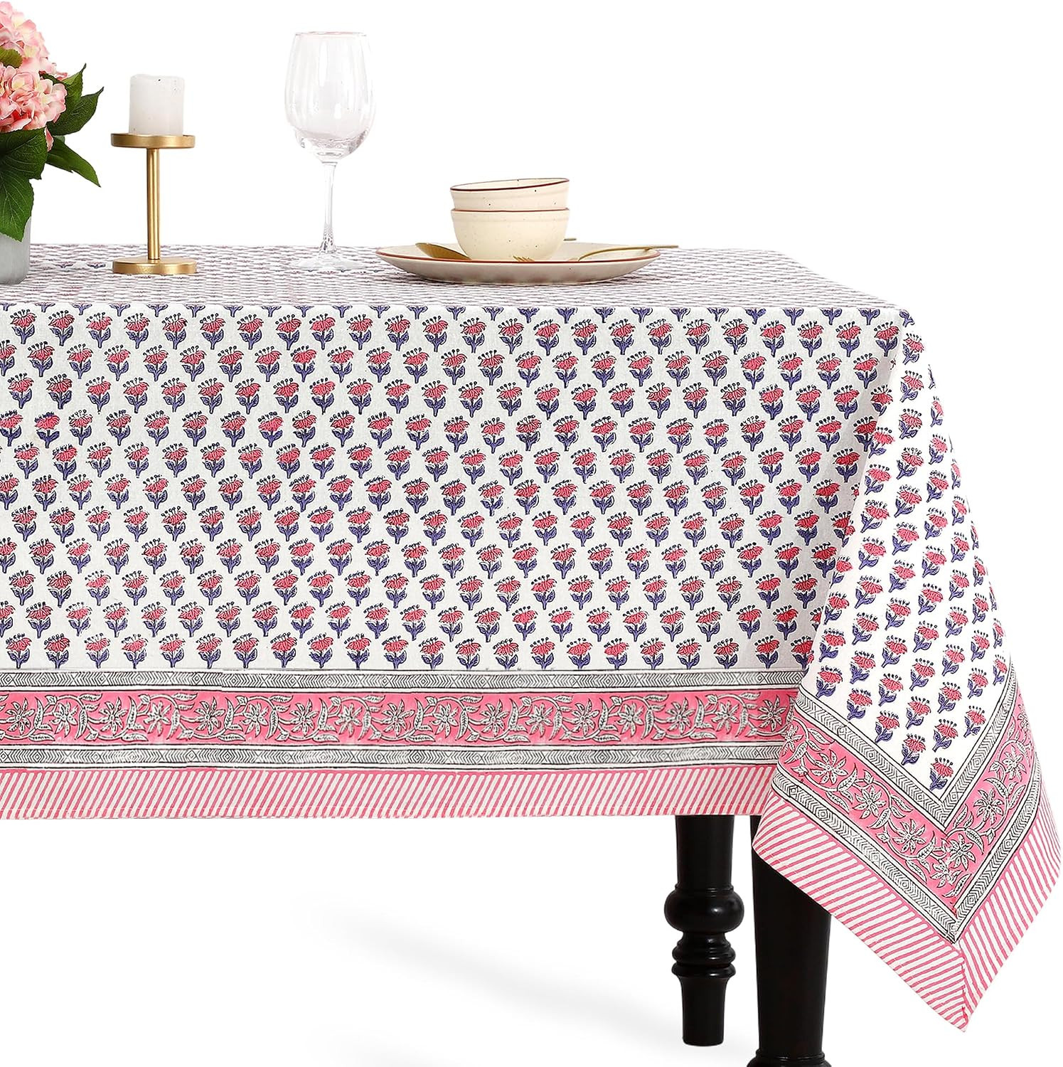 CPC Pink Sapphire Block Print 100% Cotton Square Tablecloth 60x60 Inch | Amazon (US)