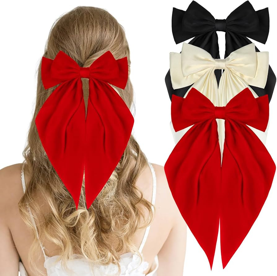 3Pcs Silky Satin Hair Bows Clips for Women Beige Hair Bow Black Hair Bow Red Hair Bow Hair Ribbon... | Amazon (US)