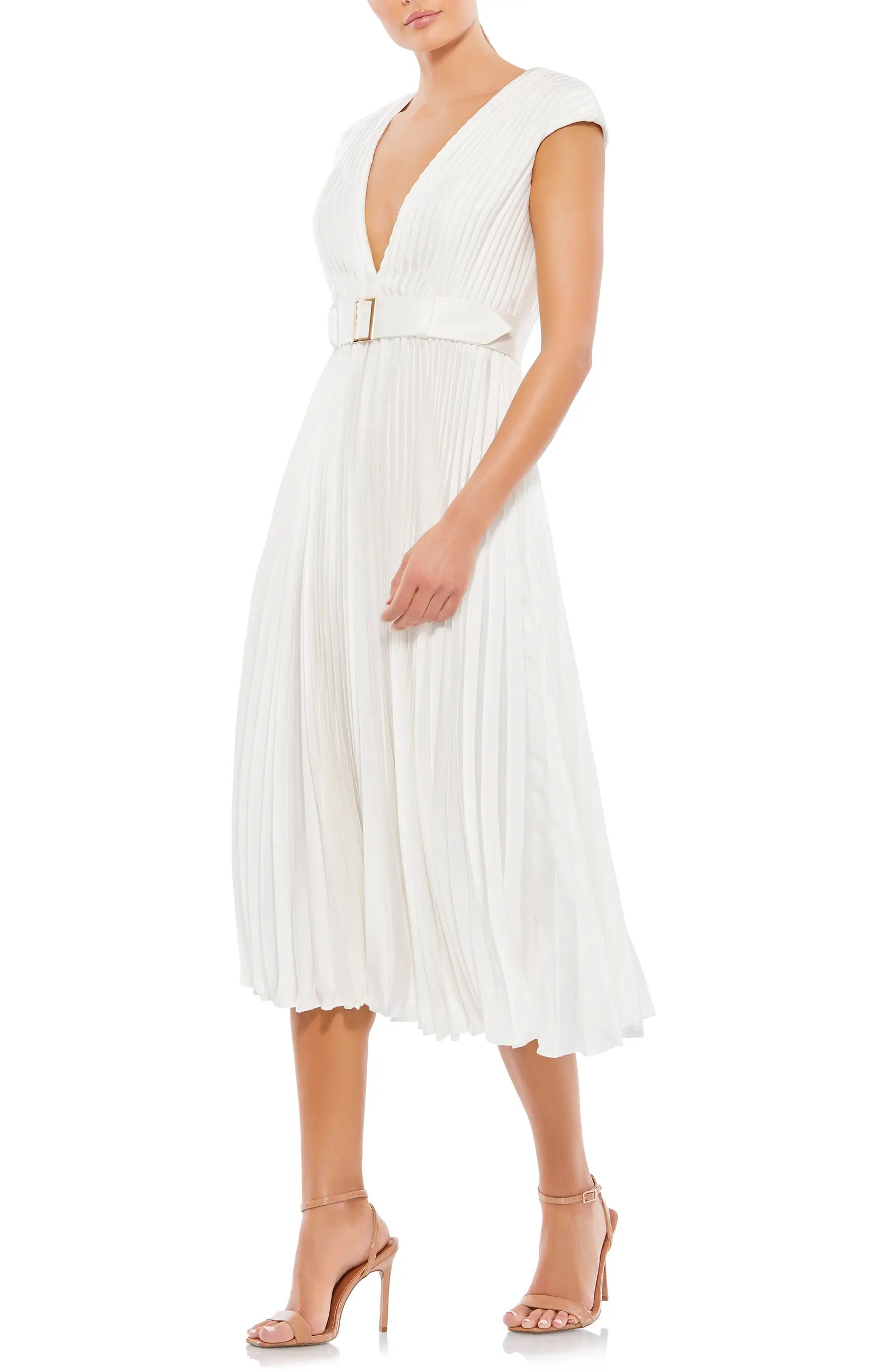 Pleated Cap Sleeve Satin Midi Gown | Nordstrom