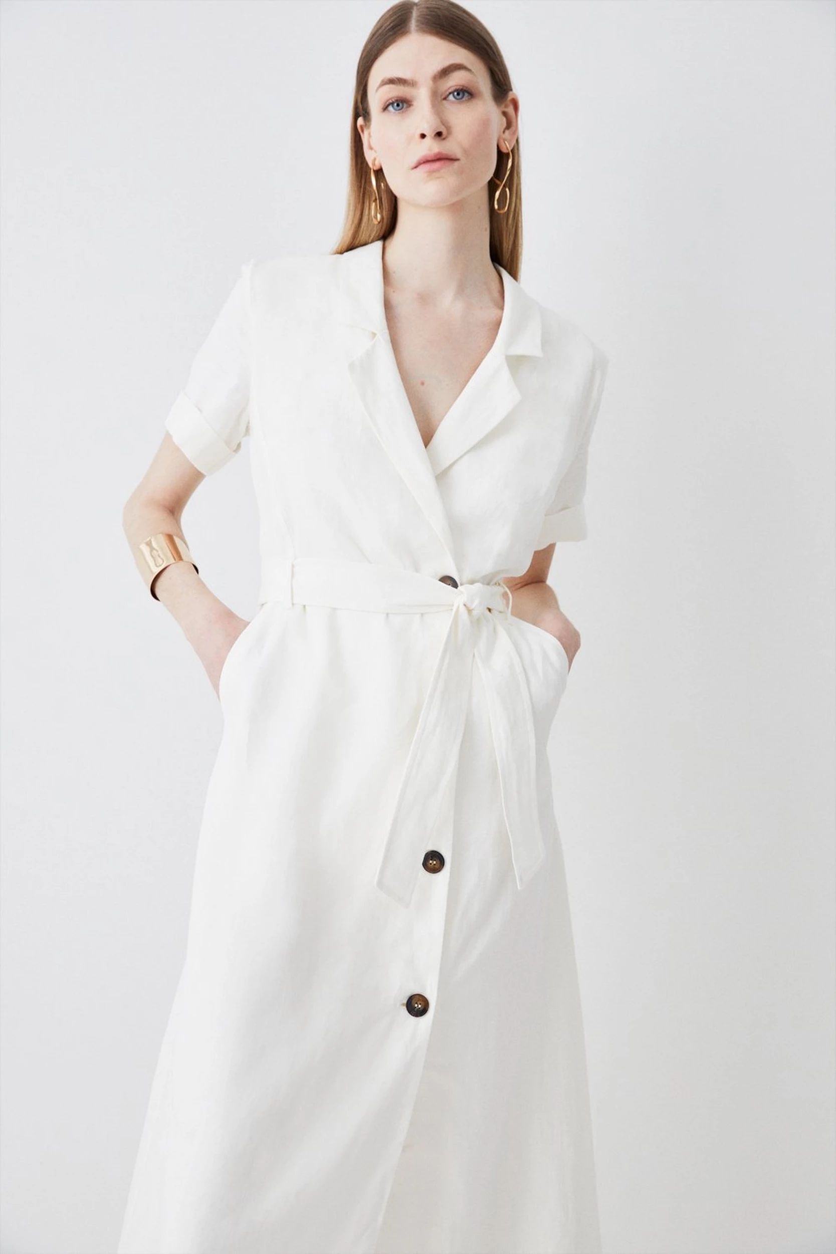 Linen Belted Shirt Midi Dress | Karen Millen UK + IE + DE + NL