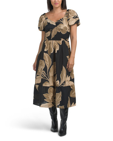 Puff Sleeve Printed Maxi Dress With Sweetheart Smocked Top | TJ Maxx