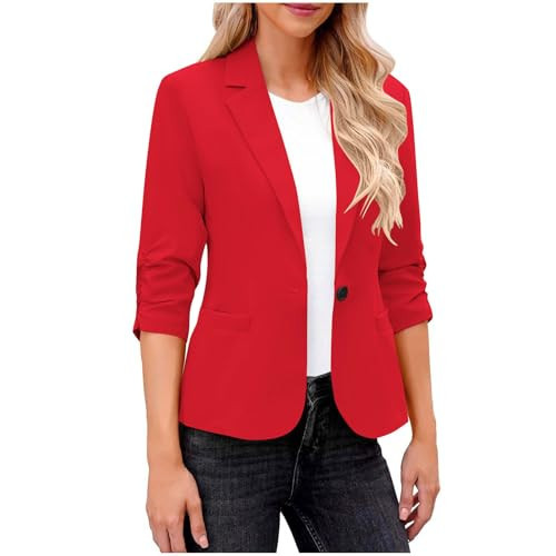 OPHPY Red Blazer for Woman, Womens Ruched 3/4 Sleeve Blazers Business Casual Suit Jacket Elegant Slim Fit Work Professional Blazer with Padded Shoulder Office Outfits Red | Amazon (US)