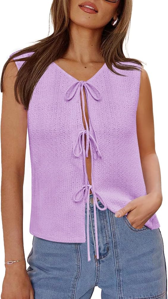Yousify Women’s Tie Front Sweater Vest 2025 Sleeveless Crochet Knit Summer Y2K Going Out Tops | Amazon (US)