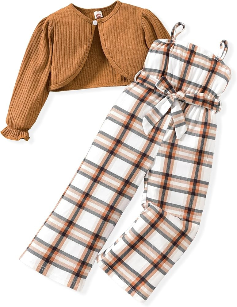 Toddler Little Girl 2 Piece Outfits Long Sleeve Ribbed Knitted Cardigan And Sleeveless Jumpsuit | Amazon (US)