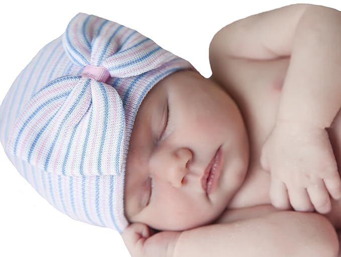 Melondipity's Traditional Striped Nursery Hospital Hat with Big Bow for Newborn Girls | Amazon (US)