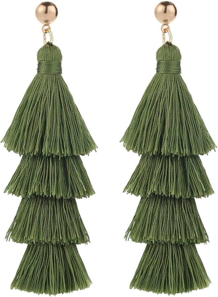 BaubleStar Tassel Earrings Handmade Tiered Thread Tassel Dangle Earrings, Multi Colors | Amazon (US)