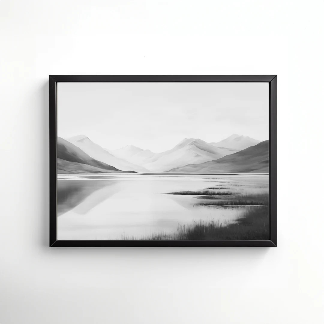 Printable Lake Landscape With Mountain Reflection in Black & White Made From Digital and Download... | Etsy (US)