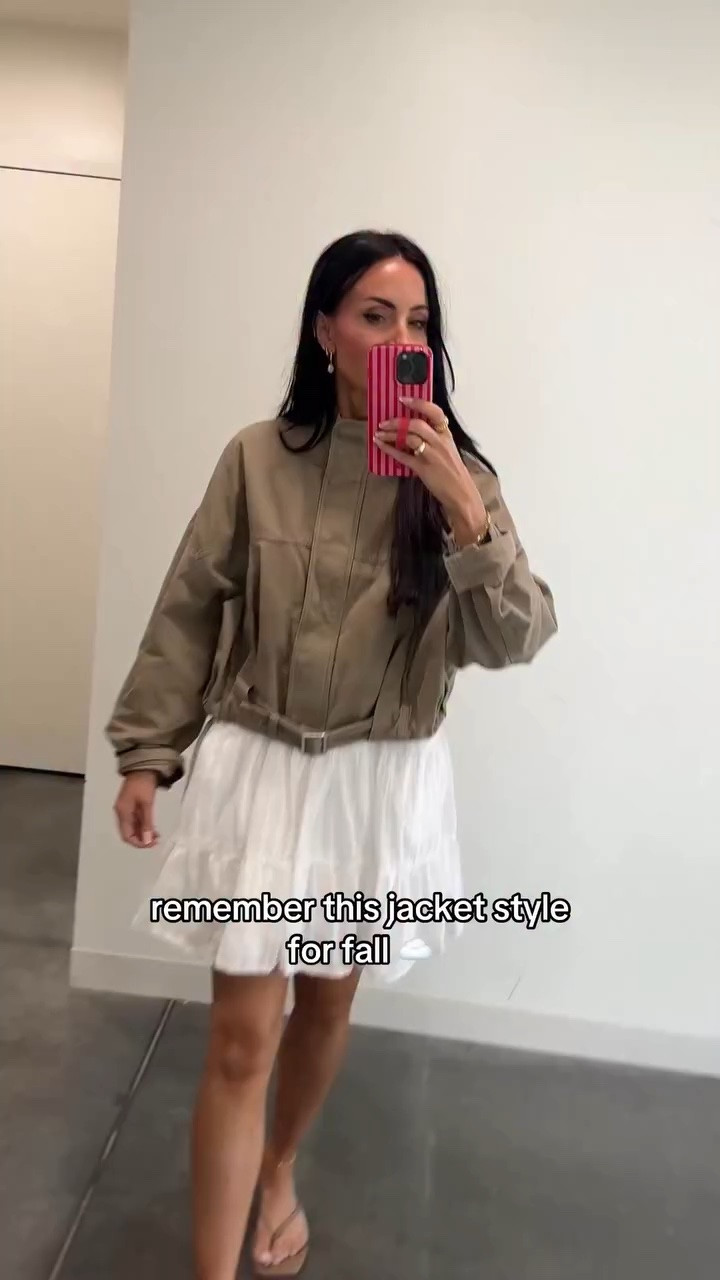 Love a cool jacket - and a little white dress is a great way to make jackets work in the summer. 😎 save this style for fall. #funnelneckjacket #falltrends