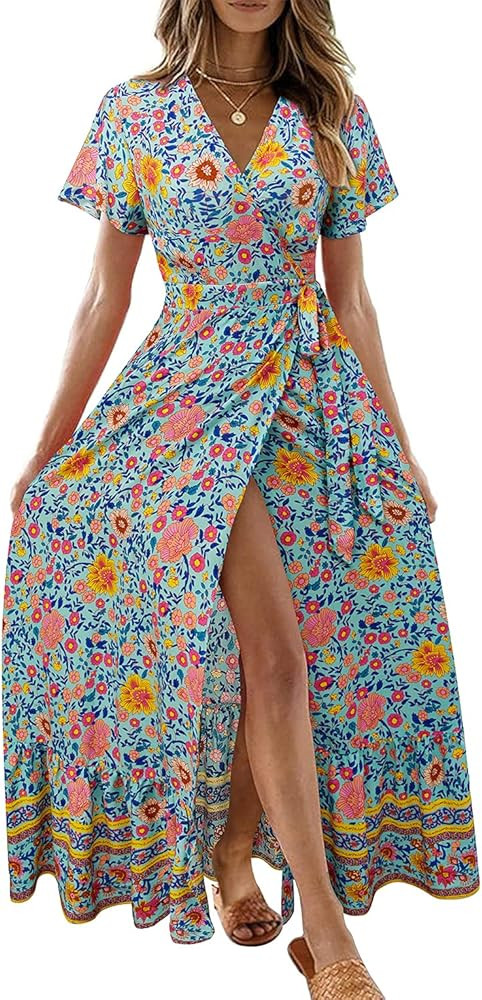 OUGES Women’s Casual Summer Bohemian Floral Wrap V Neck Short Sleeve Beach Maxi Dress | Amazon (US)