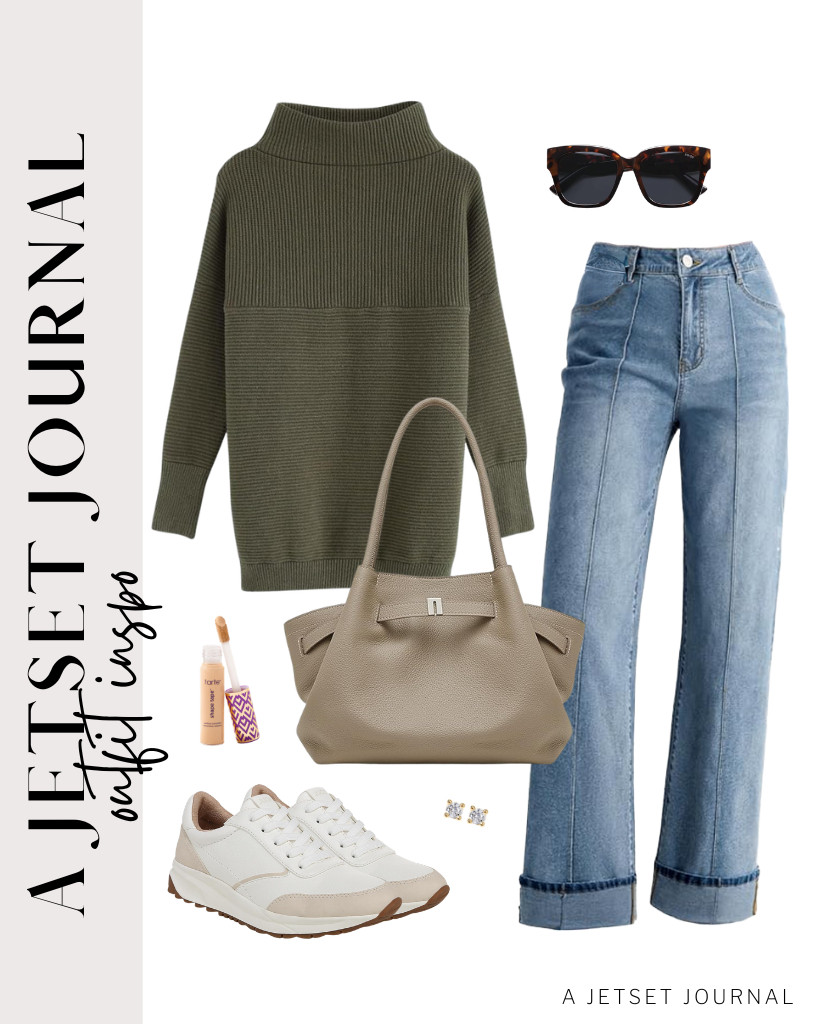 For a warm evening dinner or a casual meeting, try a stylish dark green turtleneck with light-wash denim! Add a chic leather tote and comfy Naturalizer sneakers for a perfect touch. Don’t forget to apply Tarte Shape Tape Concealer before your makeup for a fresh, polished look! 

 #LTKSeasonal #LTKSaleAlert #LTKTravel