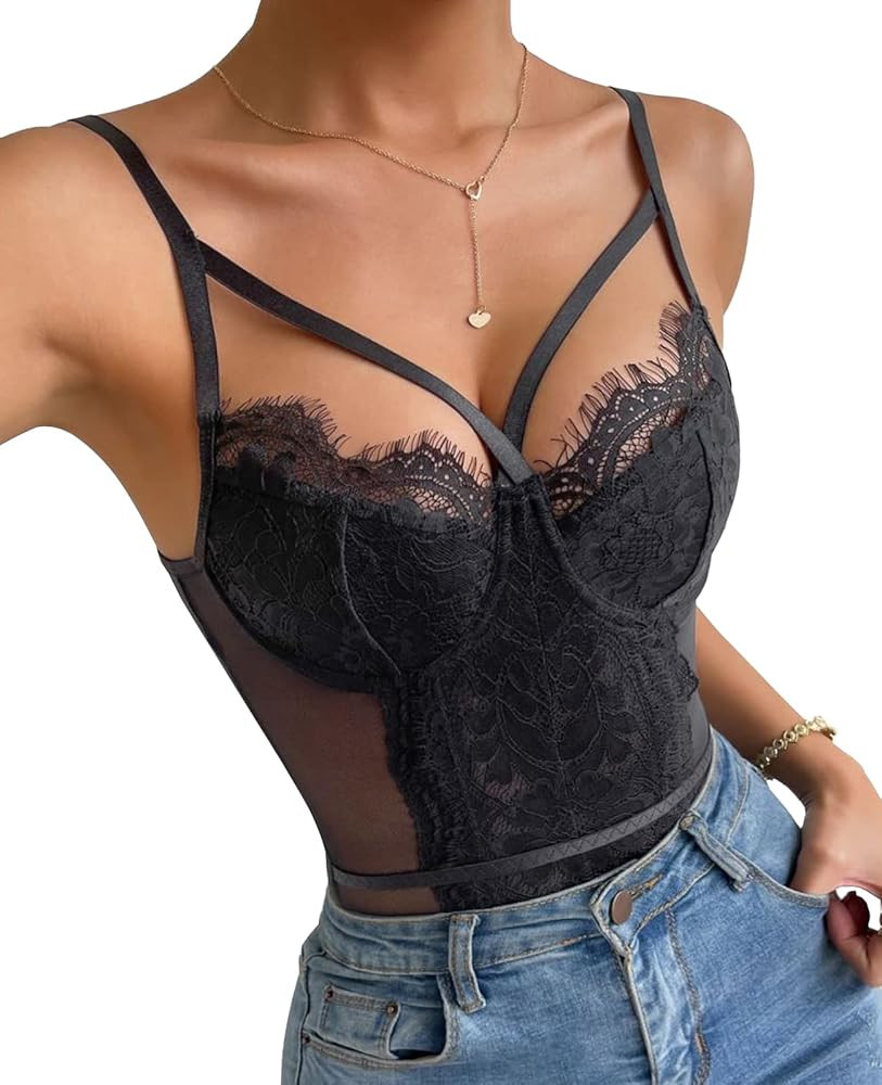 Women's Sheer Mesh Sleeveless V-Neck Lace See Through Cami Bodysuit Tops Going Out Tops | Amazon (US)