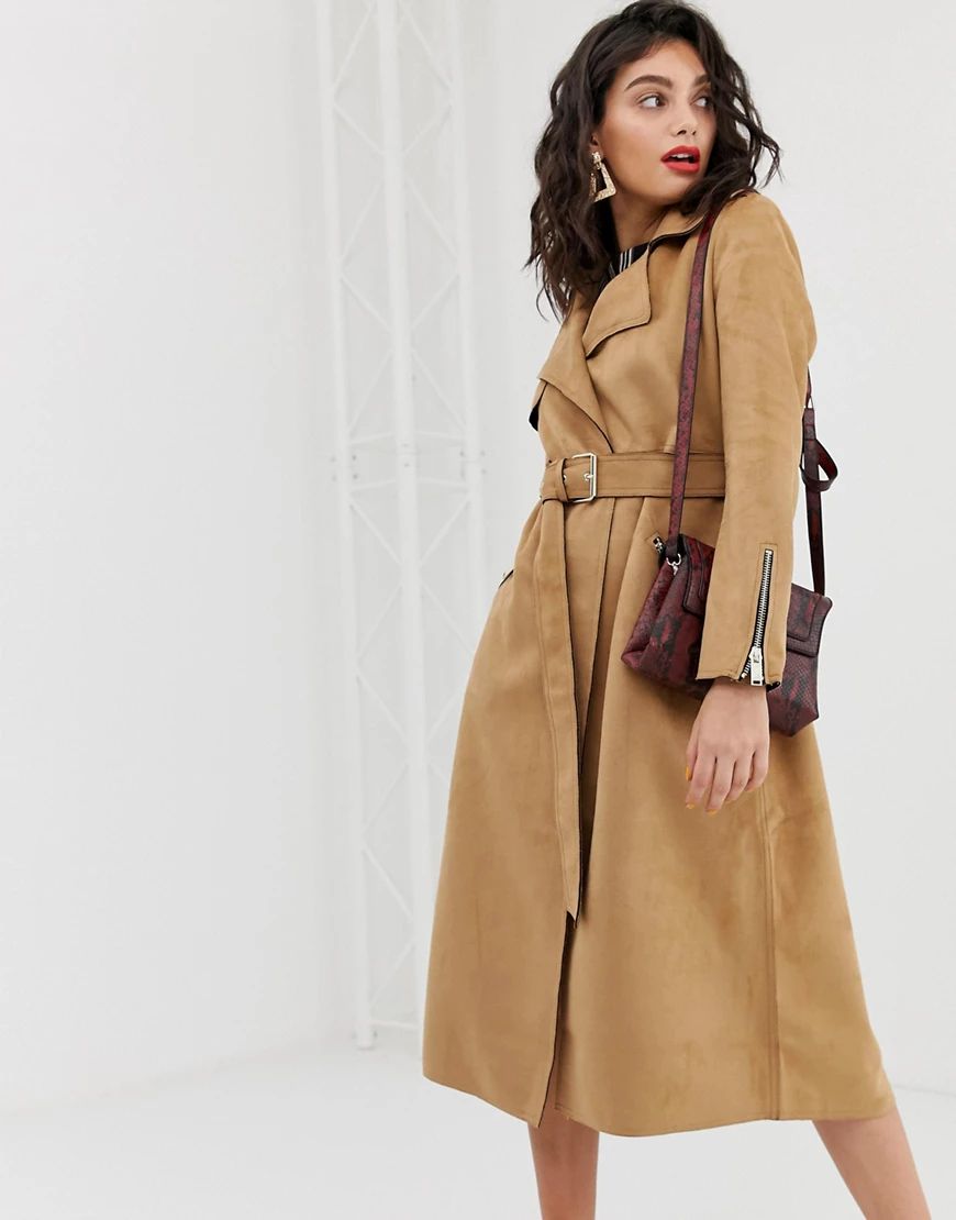 River Island suedette trench coat with belt in camel-Beige | ASOS (Global)