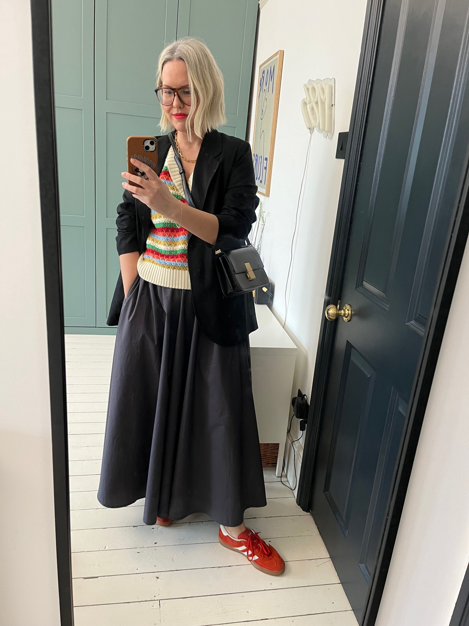 Linen-blend blazer, striped crochet-knit vest, A-line poplin skort, maxi skirt, Adidas Originals Gazelle

#LTKstyletip #LTKSeasonal #LTKeurope