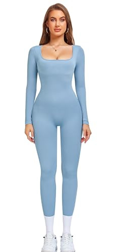 OLCHEE Womens Long Sleeve Workout Jumpsuit Square Neck Ribbed Seamless Yoga Romper Sexy Bodycon Tummy Control Unitard Onesie - Blue Small | Amazon (US)