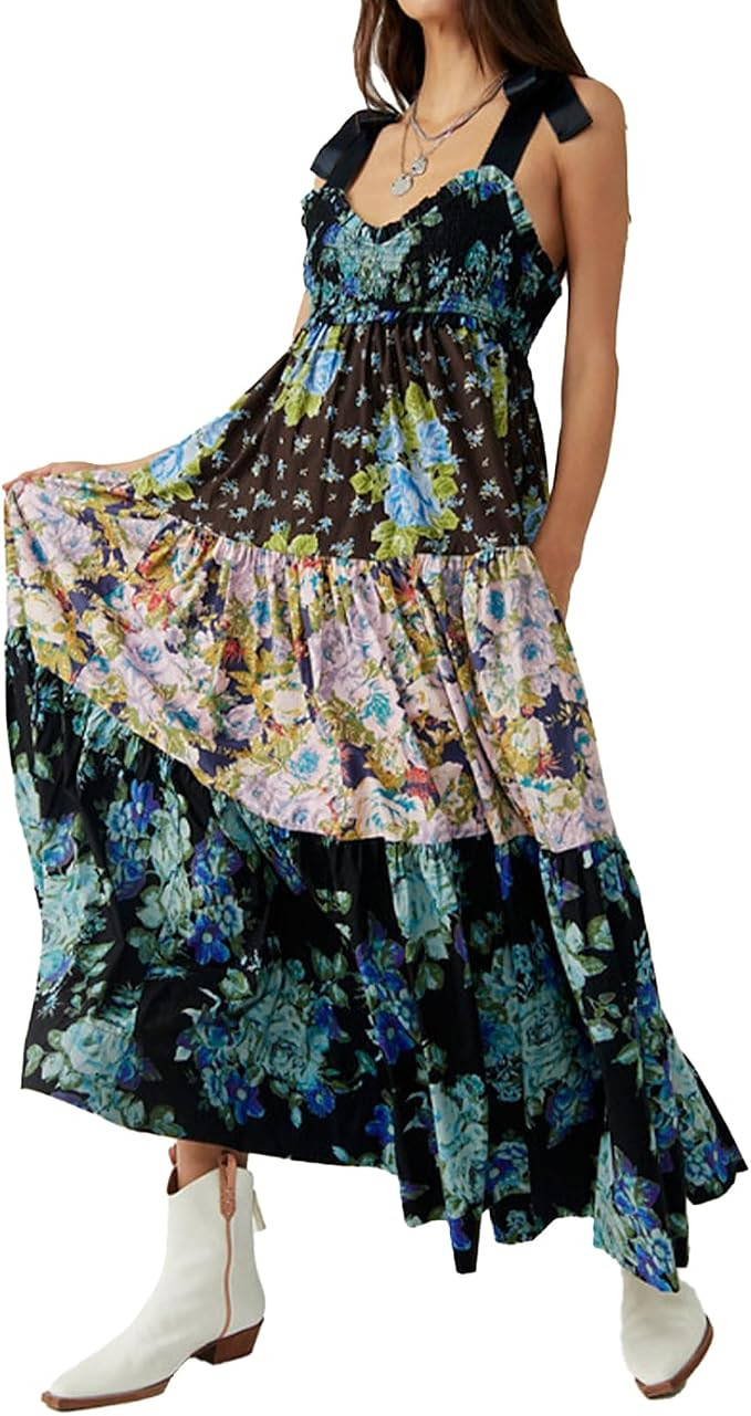 ABYOVRT Women Floral Maxi Dress Tie Shoulder Patchwork Smocked Flowy Boho Dress with Pockets Summ... | Amazon (US)