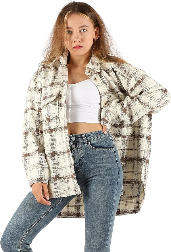 Himosyber Women's Casual Wool Blend Butoon Tartan Lapel Pockets Shacket Outerwear | Amazon (US)