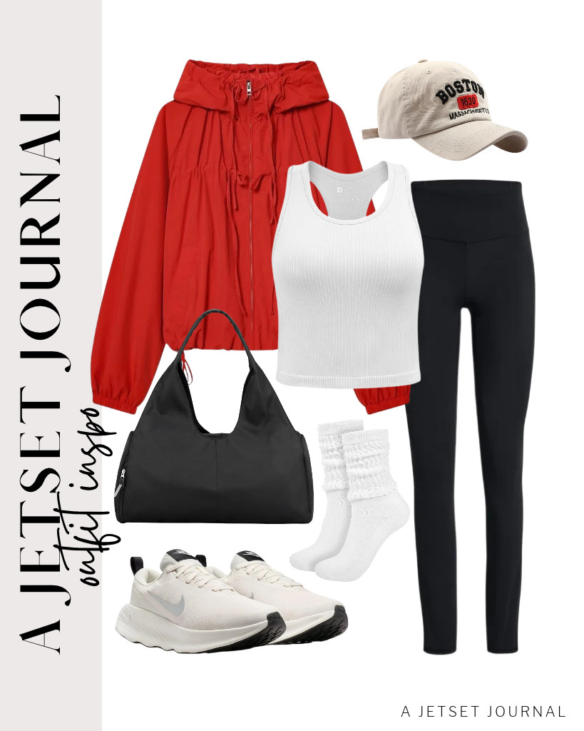 This bright red Xunger gathered hooded jacket is the main piece of our last outfit. You can start by wearing a YEOREO racerback tank top and black SINOPHANT leggings, then layer it with the hooded jacket. This outfit is perfect with this Boston baseball cap and Nike Promina walking shoes. 

 #LTKSeasonal #LTKSaleAlert #LTKTravel