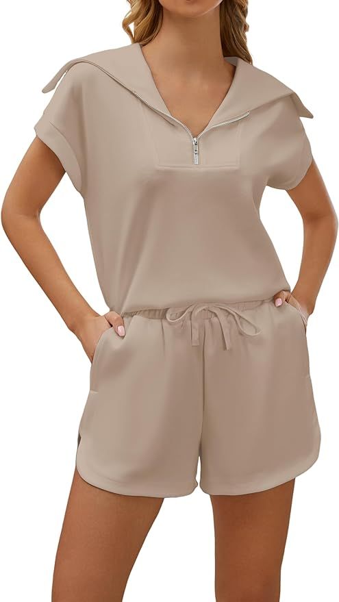SAFRISIOR Women 2 Piece Sweatsuits Set Half Zip Short Sleeve Tracksuits Sweat Suit Shorts Set 202... | Amazon (US)