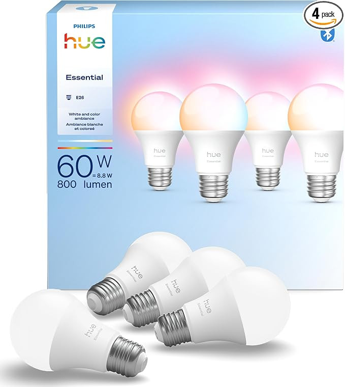 Philips Hue Essential Smart LED A19 Bulb, 4-Pack | Amazon (US)