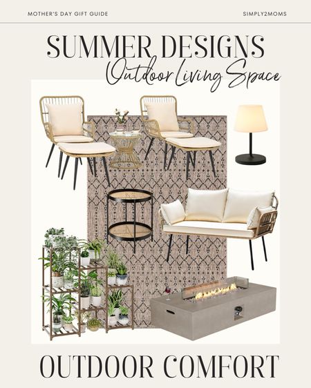 Upgrade your outdoor living space for the summer with neutral Boho style decor and accessories. Start with a stylish geometric indoor/outdoor rug. Create an entertaining area with a large propane fire pit table. Include plenty of seating with a wicker bistro set and cozy matching loveseat. Don’t forget a coordinating side table for a place to set drinks and snacks. A battery operated waterproof lamp is perfect for adding a bit of ambience when you’re relaxing or entertaining after the sun sets. And a layered plant stand is great for displaying all your favorite summer blooms.

#LTKHome #LTKStyleTip #LTKSeasonal