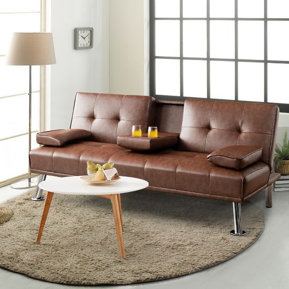 Costway Convertible Folding Futon Sofa Bed Leather w/Cup Holders&Armrests White\Black\Brown | Target