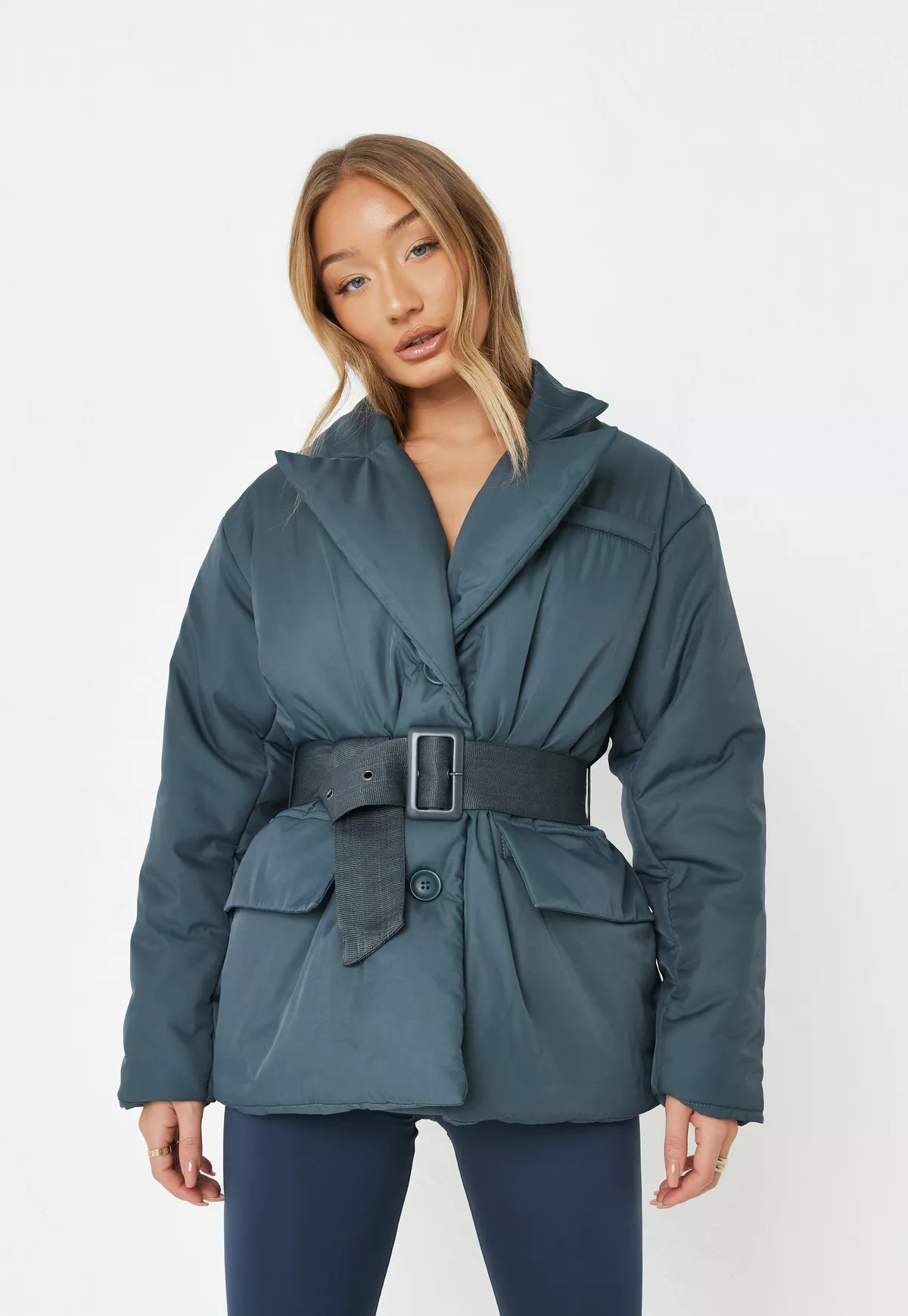 Missguided - Charcoal Revere Collar Belted Puffer Coat | Missguided (US & CA)